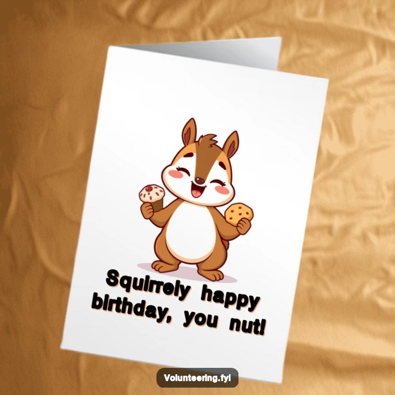 Funny Free Printable Squirrel Birthday Card: A giggling squirrel proudly shows off a delicious freshly baked treat, conveying birthday cheer. A sweet downloadable greeting.