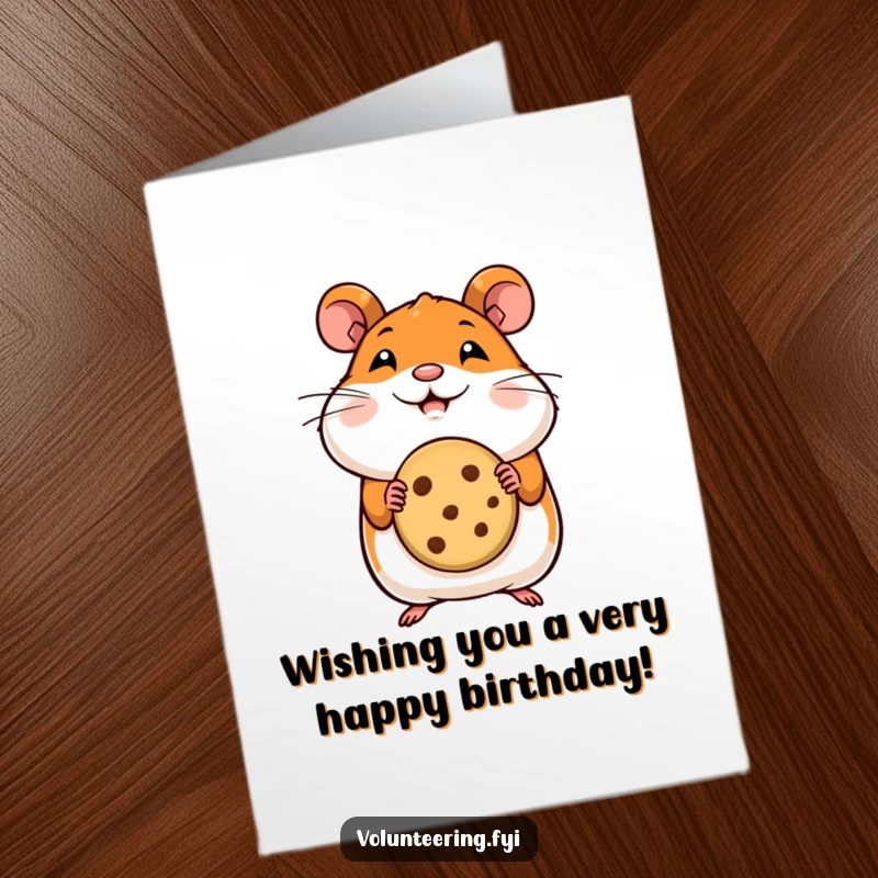 Funny Free Printable Birthday Card: A happy cartoon hamster offering a miniature cookie with a smile, spreading birthday joy.
