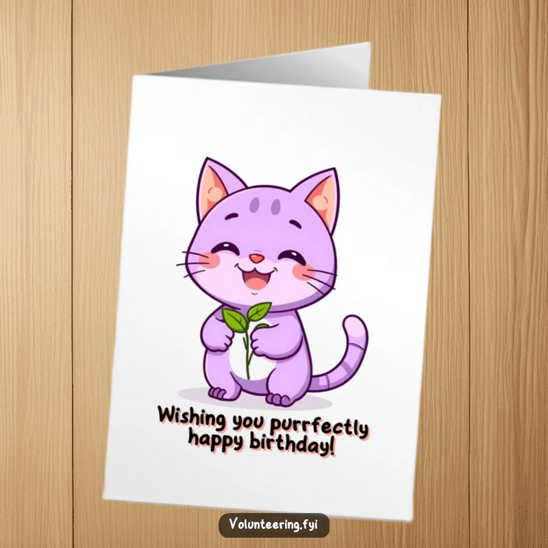 Funny Free Printable Birthday Card: A playful purple cat with a beaming smile hands a seedling to a happy visitor.