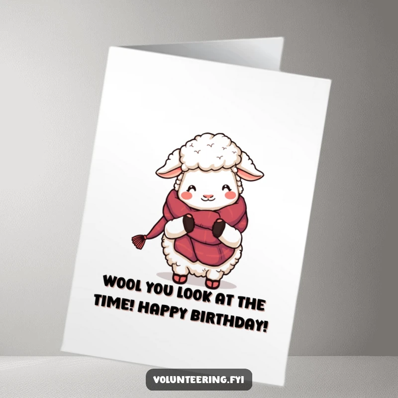 Funny Free Printable Birthday Card: A fluffy cartoon sheep happily knits a cozy scarf, ready to wish you a wonderfully silly birthday.