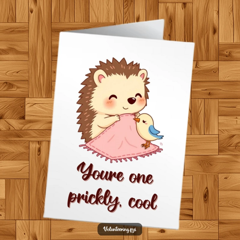 Funny Free Printable Birthday Card shows a happy hedgehog busily stitching a small, cozy blanket for a little bird.