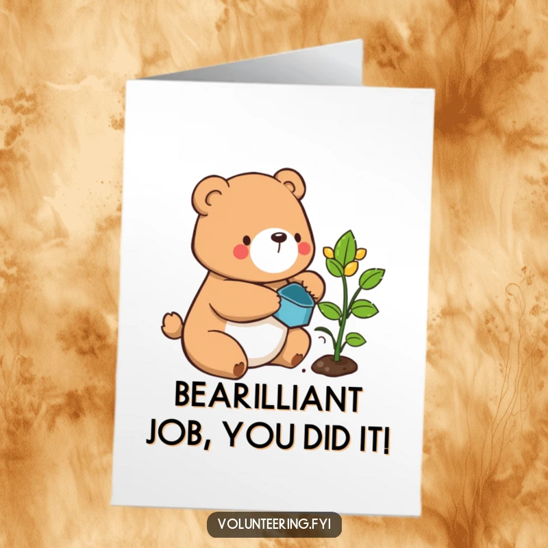 Funny Free Printable Bear Congratulations Card: A contented bear lovingly waters a sprouting plant, symbolizing nurtured success and growth. Downloadable celebratory wishes.