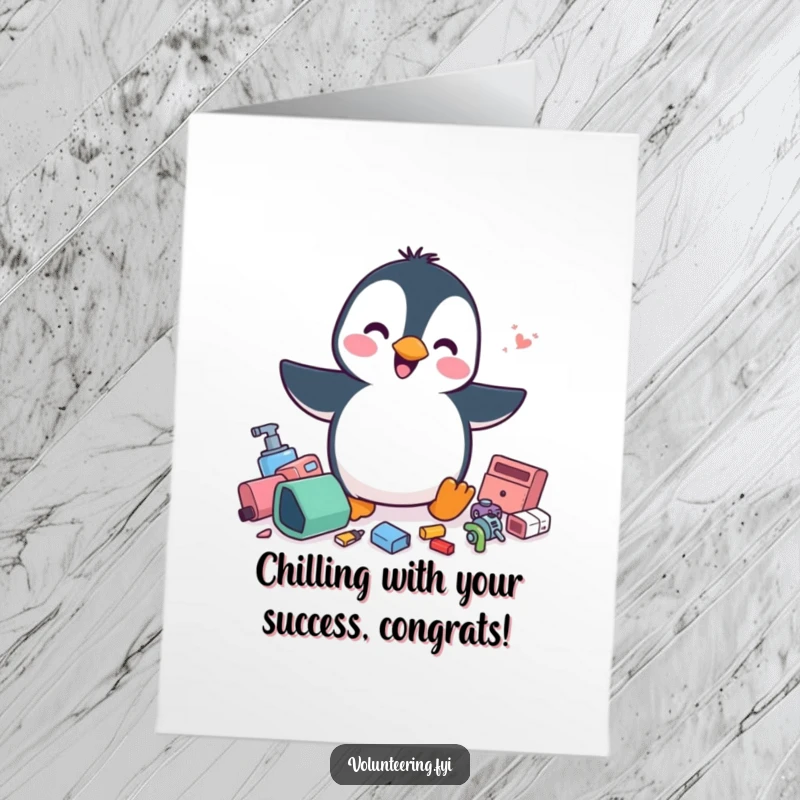 Funny Free Printable Congratulations Card: A playful penguin energetically tidying up scattered items, symbolizing a fresh start.