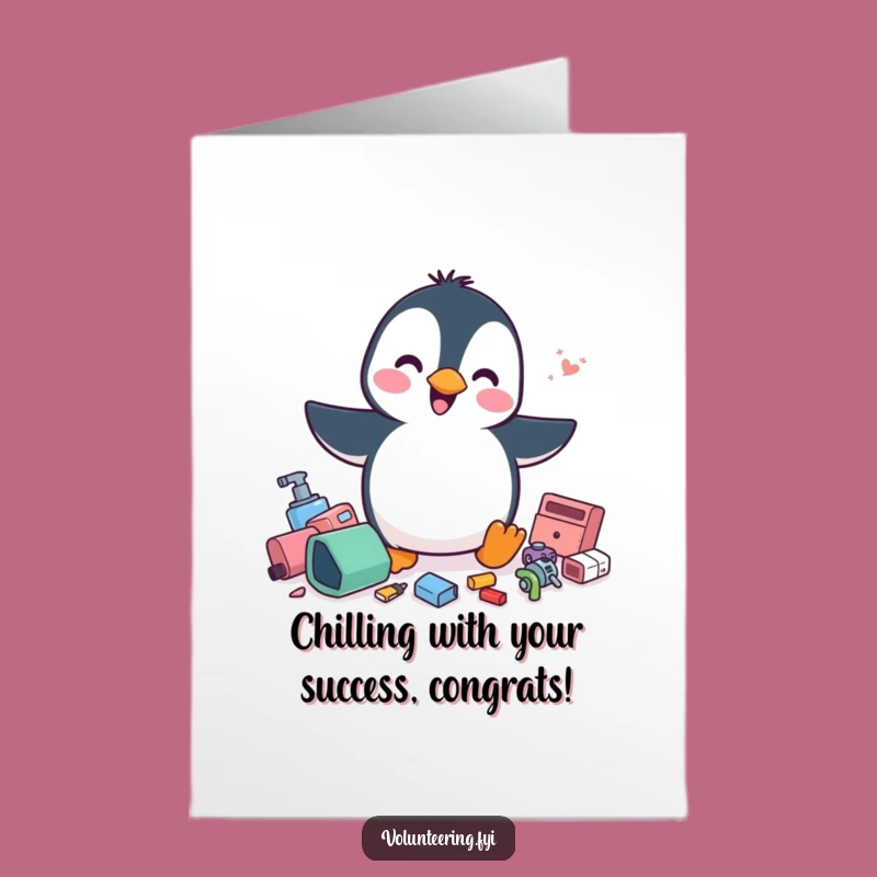 Free Printable Congrats Card: Penguin Tidies Up, Triumphant DIY Downloadable Gift