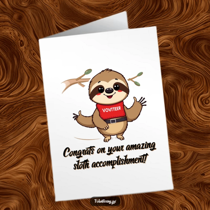 Funny Free Printable Congratulations Card: A smiling cartoon sloth in a volunteer vest, proudly sharing good news, ready for printing.