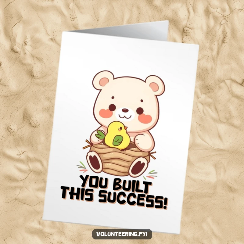 Funny Free Printable Congrats Card: Cheerful bear assists a tiny bird in building a new nest together.