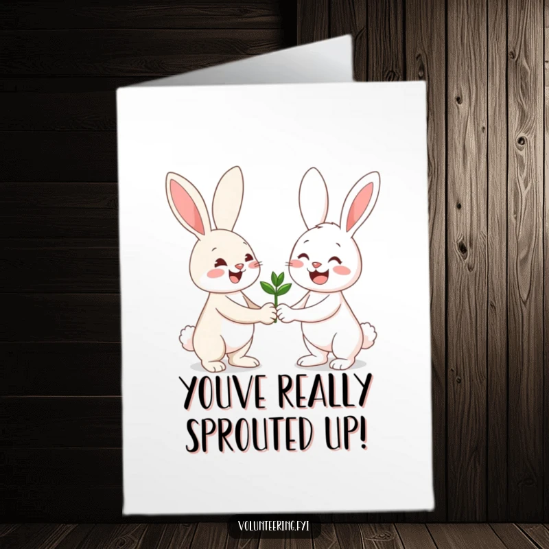 Funny Free Printable Congratulations Card: A cheerful bunny offers a seedling, symbolizing growth and new beginnings, a perfect downloadable gift.