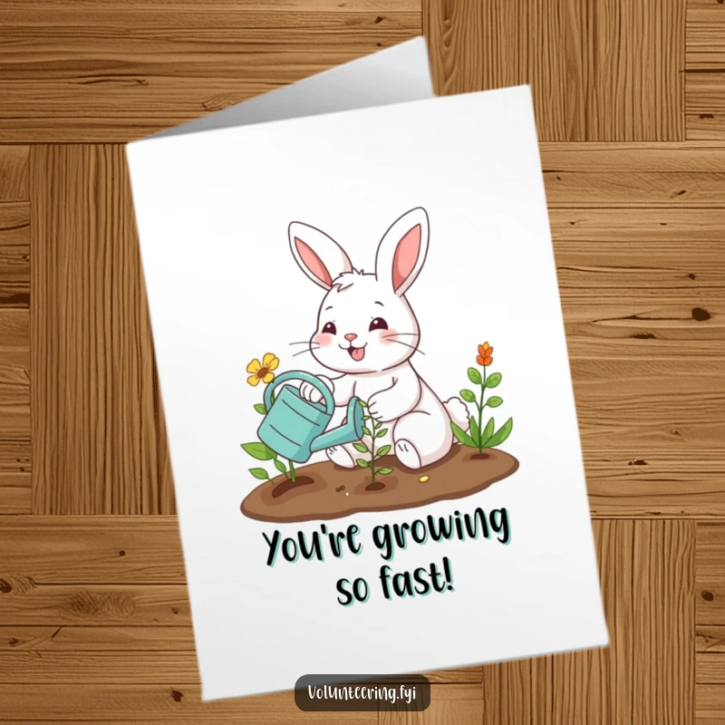Funny free printable congratulations card: smiling bunny plants seedling with watering can, symbolizing new beginnings and success.
