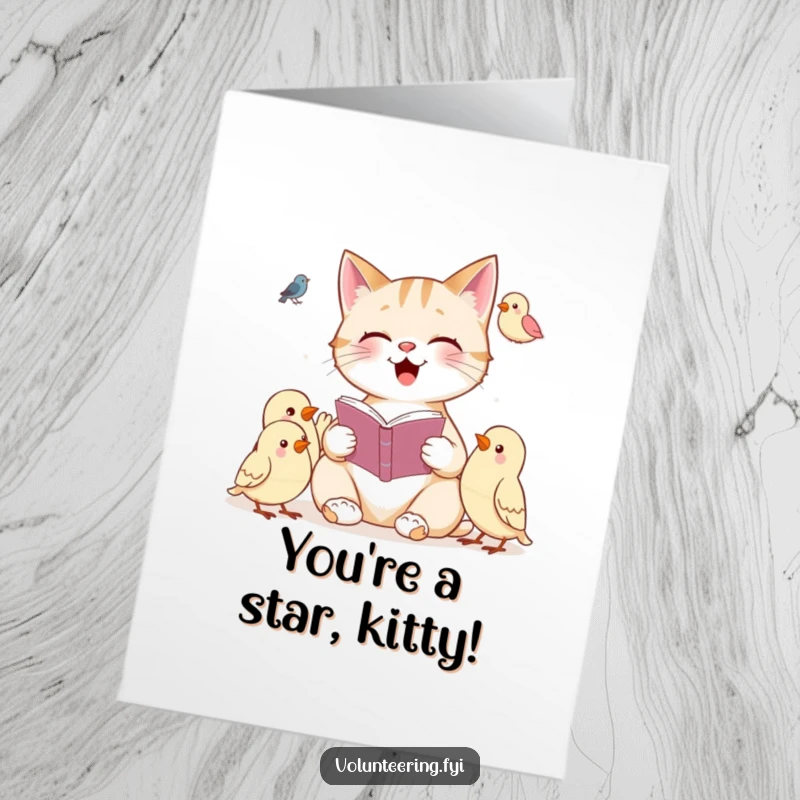 Funny free printable congratulations card showing a cheerful cat reading to attentive birds, symbolizing shared knowledge and successful learning.