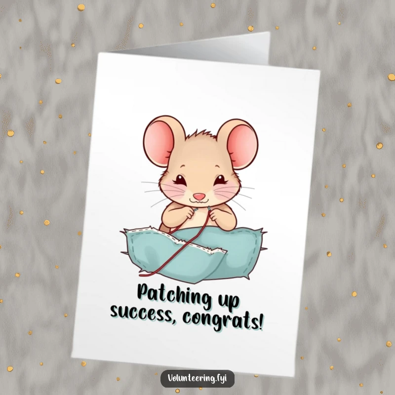 Funny Free Printable Congratulations Card: Contented mouse happily patching a torn fabric with a miniature needle and thread.