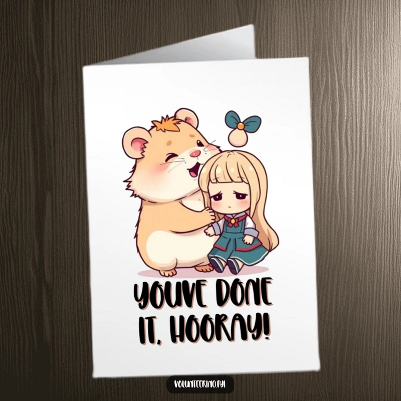 Funny Free Printable Congratulations Card: A happy hamster offering a comforting pat to a slightly sad-looking doll, supportive and cute.