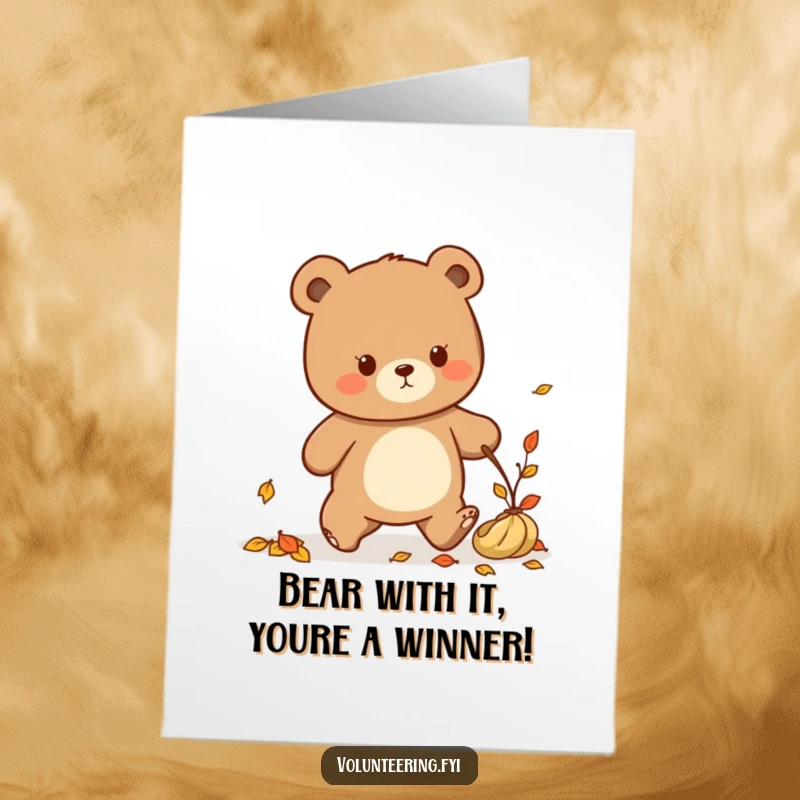 Funny Free Printable Congrats Card: Kawaii bear tidying fallen leaves, a symbol of accomplishment and order, ready to print.