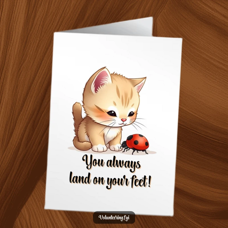 Funny Free Printable Congratulations Card: A curious kitten helps a lost ladybug find its way, symbolizing a new direction.