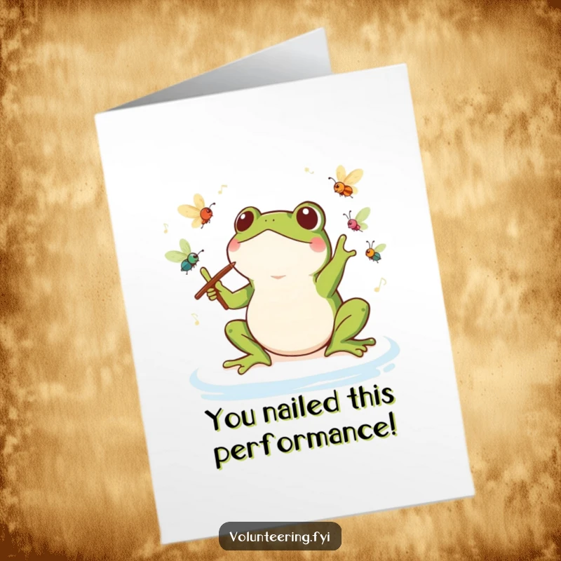 Free Printable Congrats Card: Whimsical Kawaii frog conducting insects, celebrating your amazing success with a grand performance.