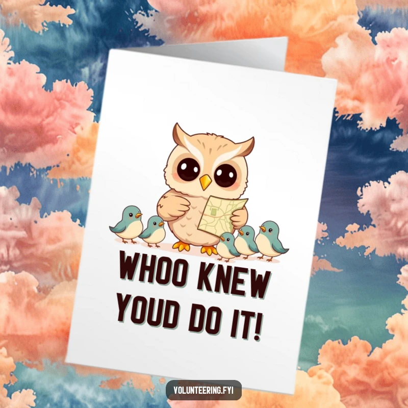 Free Printable Congratulations Card: A smiling owl holds a map, guiding a flock of smaller birds toward their next big success.