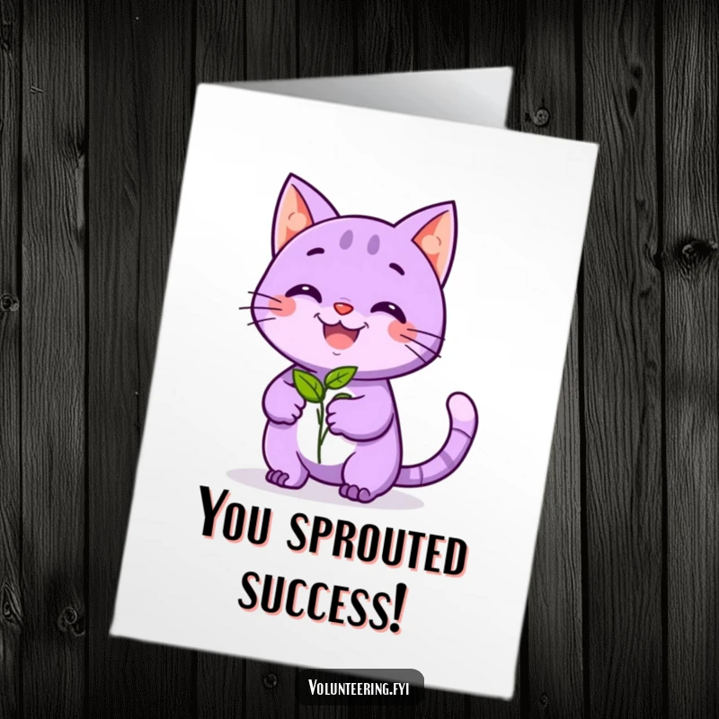 Funny Free Printable Congrats Card: A playful purple cat with a beaming smile hands a seedling to a happy visitor, celebrating growth.