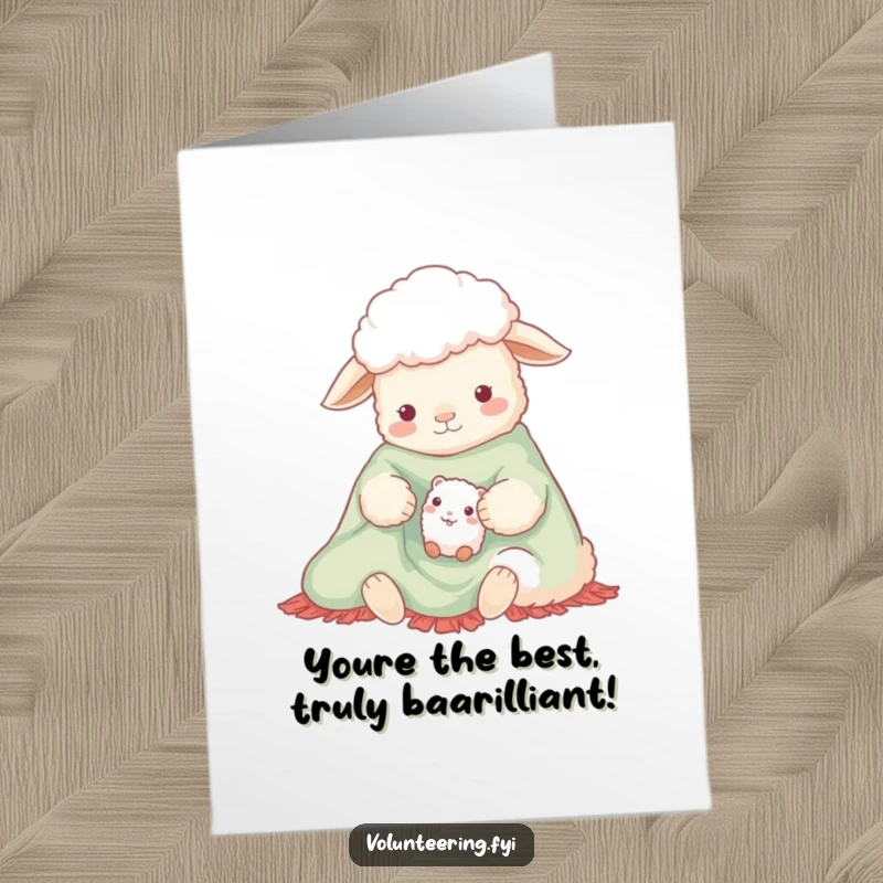 Free Printable Congratulations Card: A gentle sheep warmly sharing a bright blanket with a small creature, symbolizing comfort and support.
