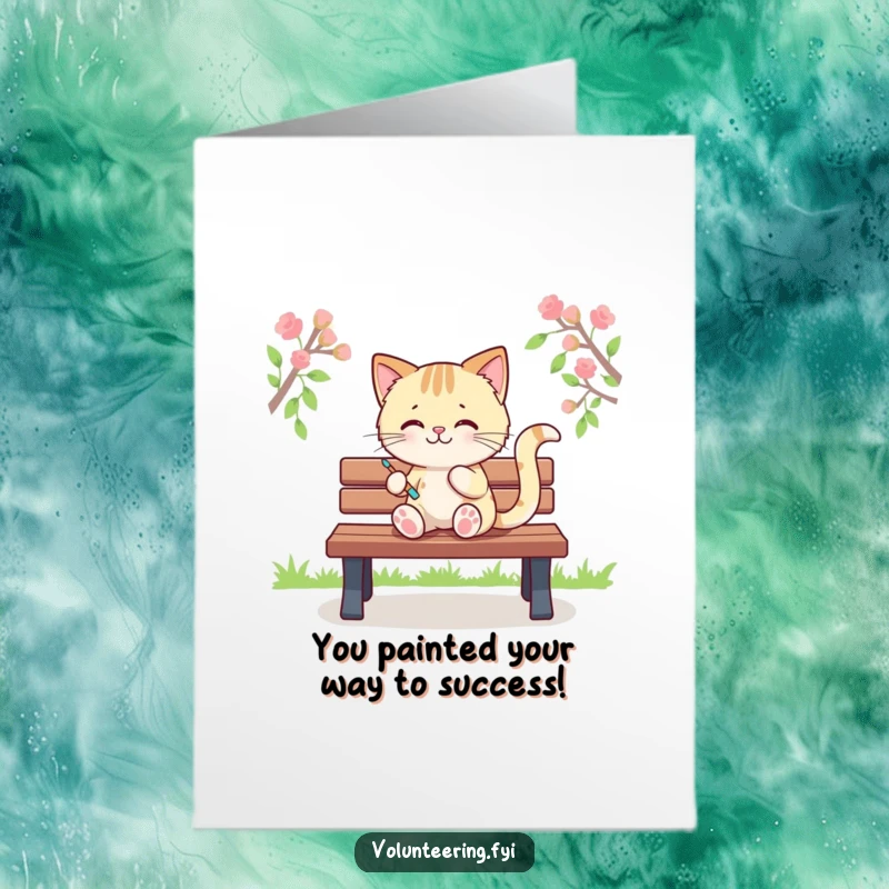 Funny Free Printable Congratulations Card: Kawaii cat diligently painting bright stripes on a park bench, celebrating success.