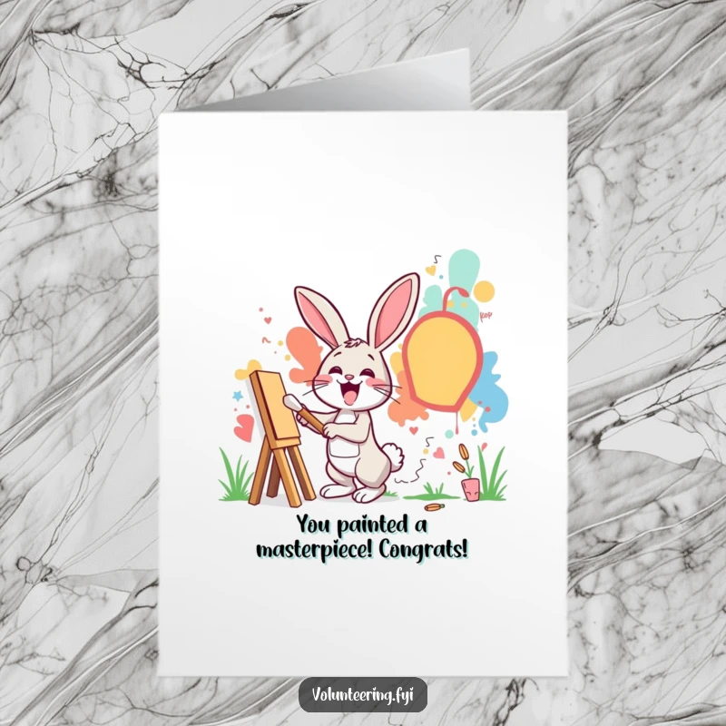 Funny Free Printable Congrats Card: Excited rabbit creating a vibrant mural on a community wall. Artistic DIY.