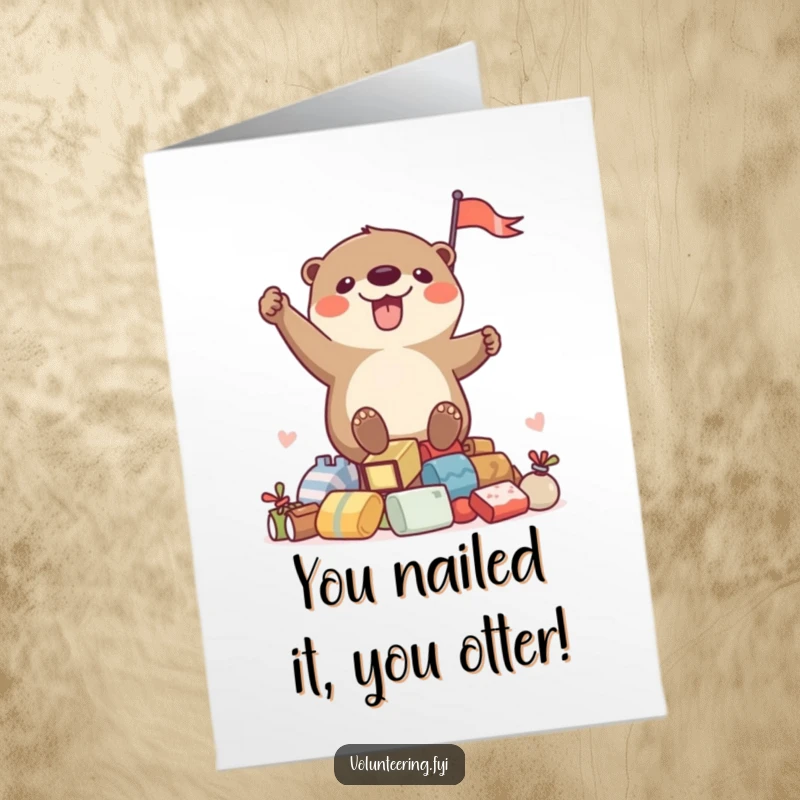 Funny free printable congratulations card showing a triumphant otter waving a flag atop a mound of accomplishments.