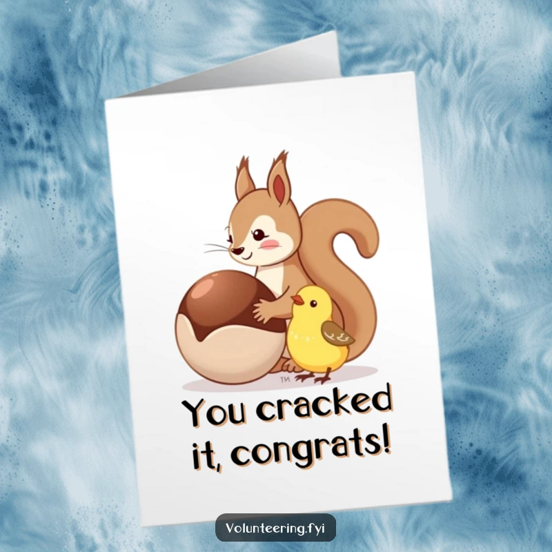 Funny free printable congratulations card showing a generous squirrel sharing a nut with a delighted bird.