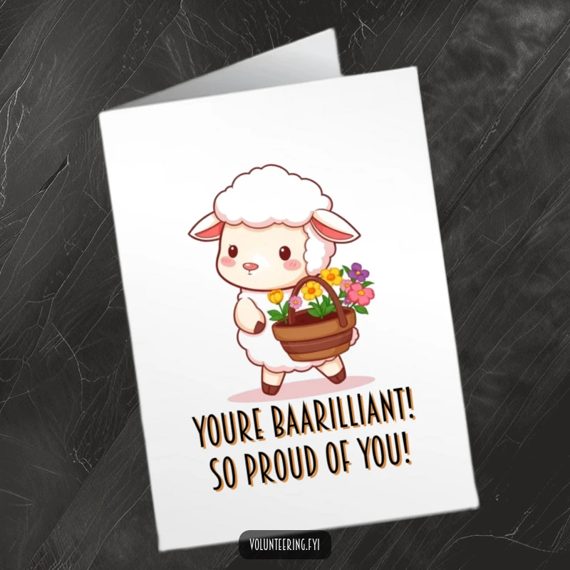 Lovely free printable congratulations card with a fluffy sheep carrying a basket of colorful flowers, symbolizing growth and success.