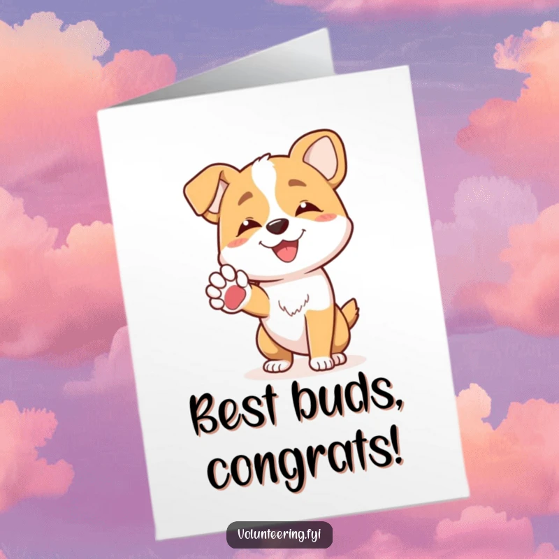 Funny free printable congratulations card featuring a joyful dog character offering a friendly paw to another, celebrating success.