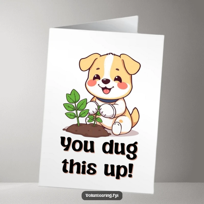 Funny free printable congratulations card featuring a happy dog in gloves planting a small tree, symbolizing new beginnings and successful ventures.