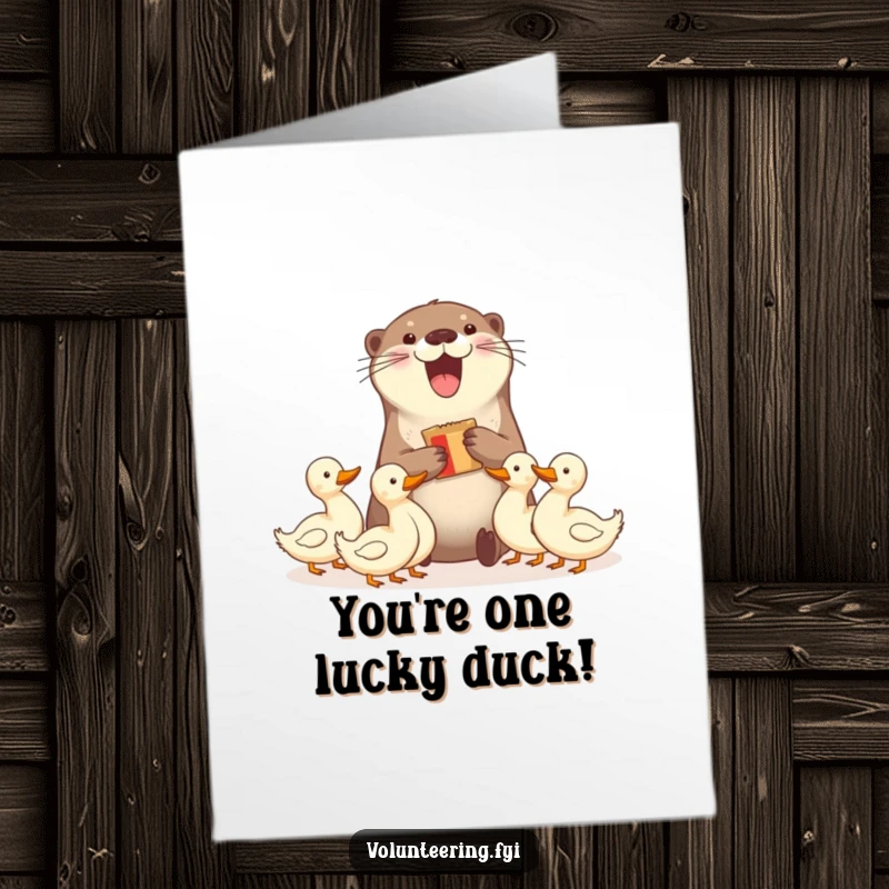 Funny free printable congratulations card: delighted otter shares snacks with ducks, symbolizing sharing joy and success.