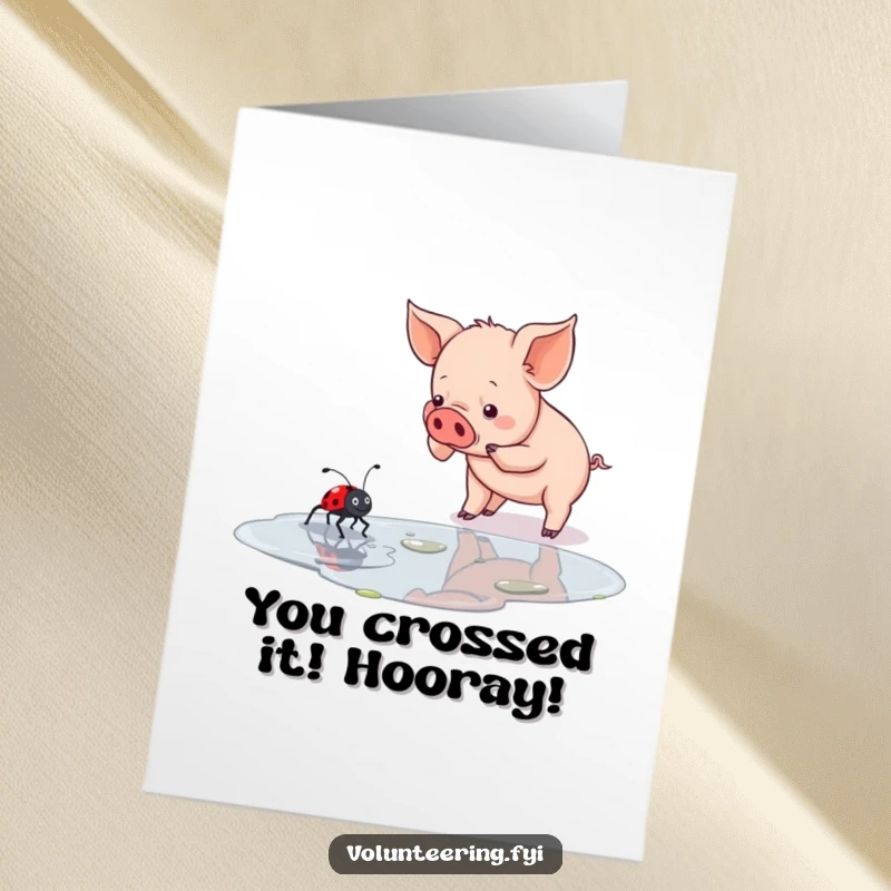 Funny Free Printable Congratulations Card: Piglet heroically assists a ladybug in crossing a puddle, celebrating perseverance.