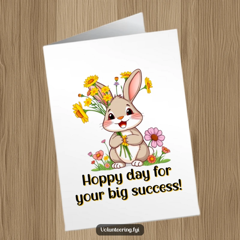 Funny Free Printable Rabbit Congratulations Card: A delighted rabbit proudly holds a bunch of bright wildflowers, celebrating a wonderful achievement. Downloadable festive wishes.