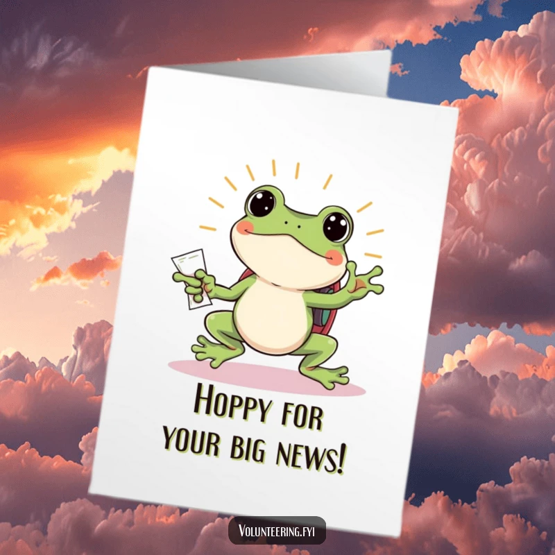 Funny Free Printable Congratulations Card: A jumping frog with a tiny backpack happily handing out flyers, spreading exciting news.