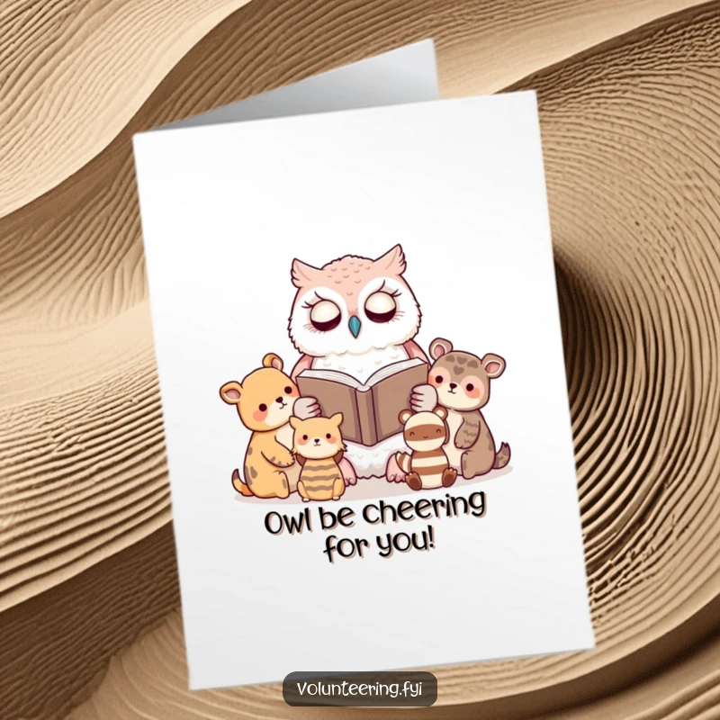 Free Printable Congratulations Card: A serene kawaii owl reading to animal friends, sharing wisdom on your great accomplishment.