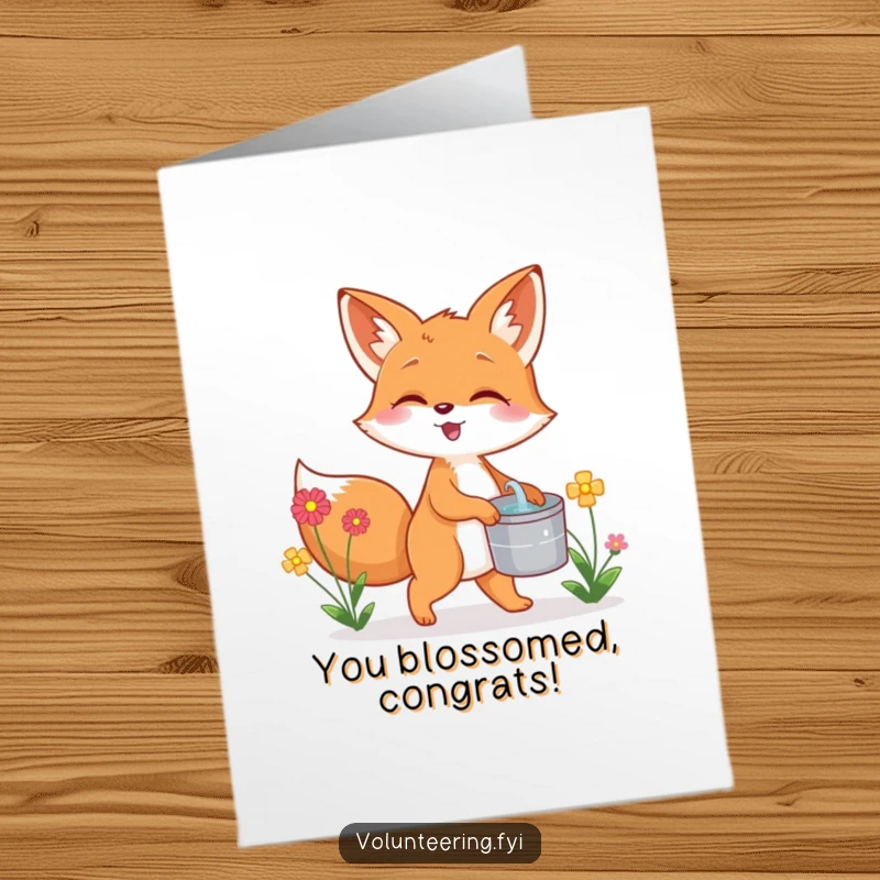 Funny Free Printable Congratulations Card: A giggling fox waters blooming flowers, symbolizing growth, a lovely downloadable gift.