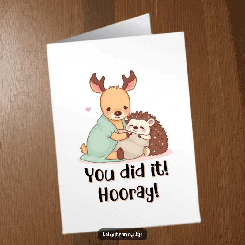Funny Free Printable Congrats Card: Kawaii deer and sleepy hedgehog share a blanket, symbolizing cozy congratulations.
