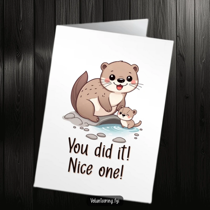 Funny Free Printable Otter Congratulations Card: A happy otter assists a smaller animal across a stream, symbolizing support for their journey.