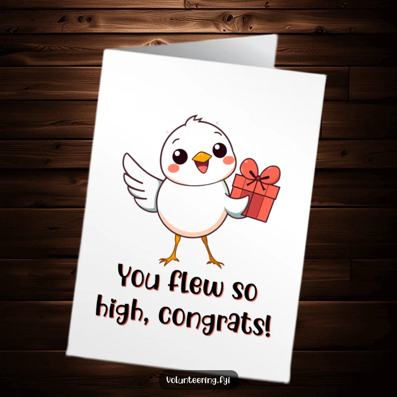 Funny Free Printable Congratulations Card: A smiling cartoon bird delivering a small, colorful gift, celebrating achievements with joy.