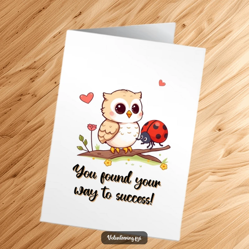 Funny Free Printable Congrats Card: A friendly owl illuminates the path for a lost ladybug reaching its destination, celebrating guidance.