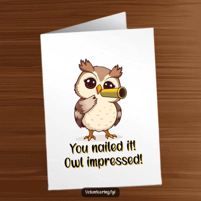 Funny Free Printable Congratulations Card: Curious owl with telescope, spotting success, a unique downloadable gift.