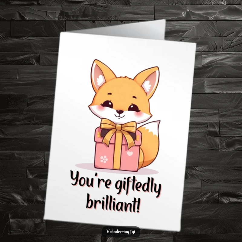 Funny Free Printable Congrats Card features a beaming fox carefully tying a ribbon around a gift box, signifying a well-deserved celebration.
