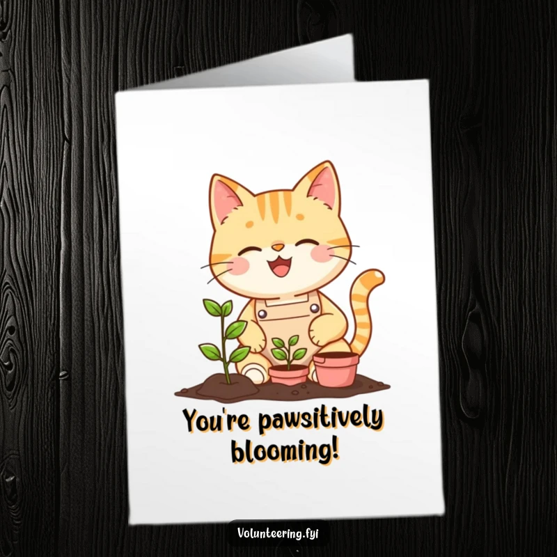 Funny Free Printable Congrats Card: A smiling cat in an apron plants a tiny seedling, celebrating growth and new ventures.