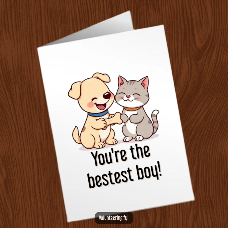 Funny free printable congratulations card: happy dog giving bone to grateful cat, celebrating success with humor.