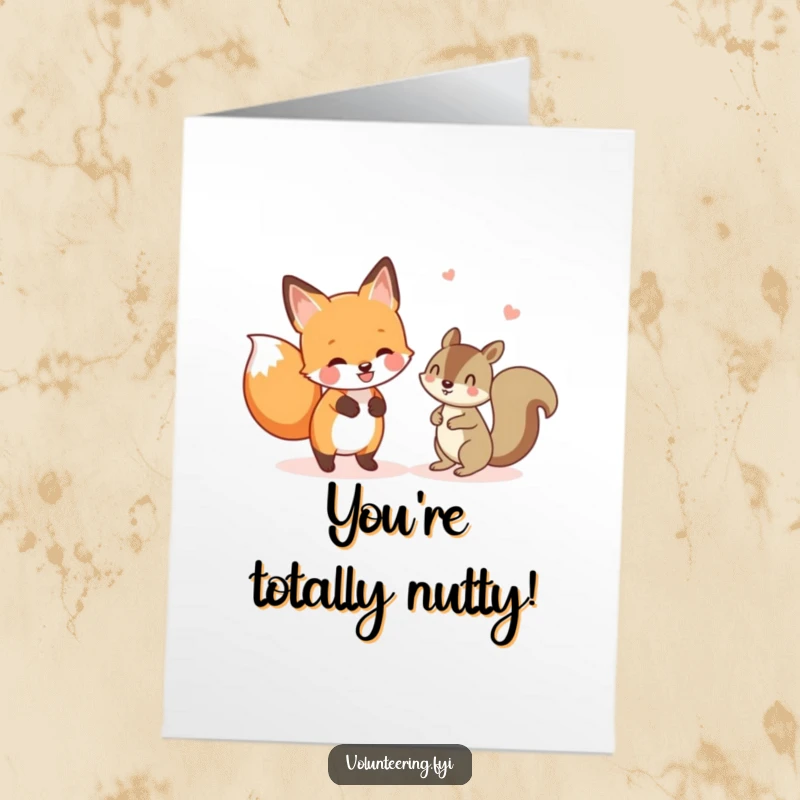 Funny free printable congratulations card: cheerful fox helps lost squirrel find its way, symbolizing guidance and achievement.