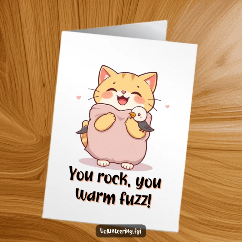 Funny Free Printable Congratulations Card: A joyful cat shares its warm blanket with a shivering bird, expressing empathy.