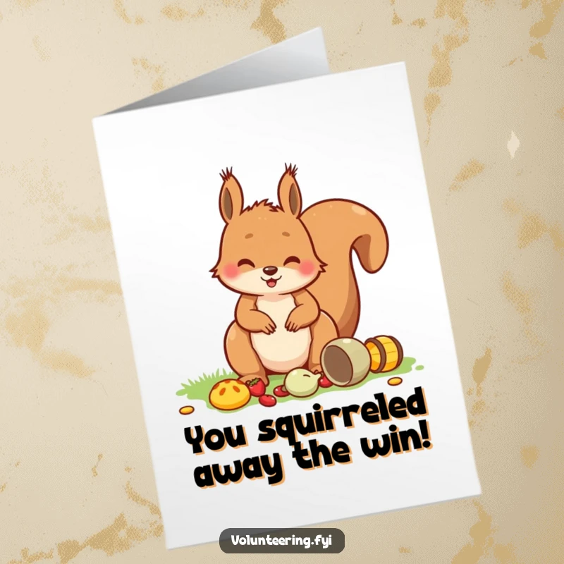 Funny Free Printable Congratulations Card: A happy squirrel smiles while meticulously organizing picnic leftovers, cheering for success.