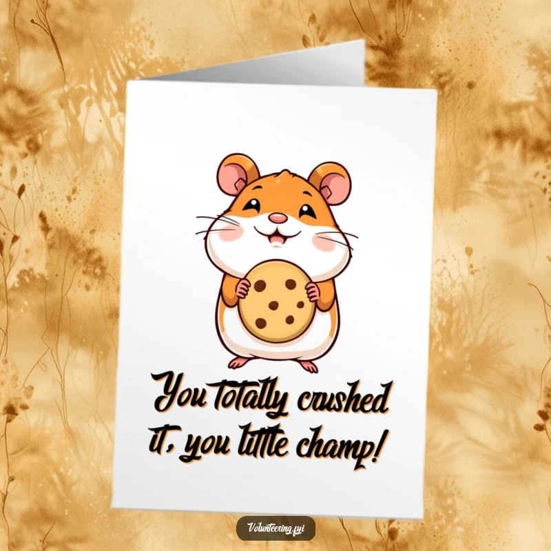 Funny Free Printable Congratulations Card: A happy cartoon hamster offering a miniature cookie, celebrating success with a tasty treat.