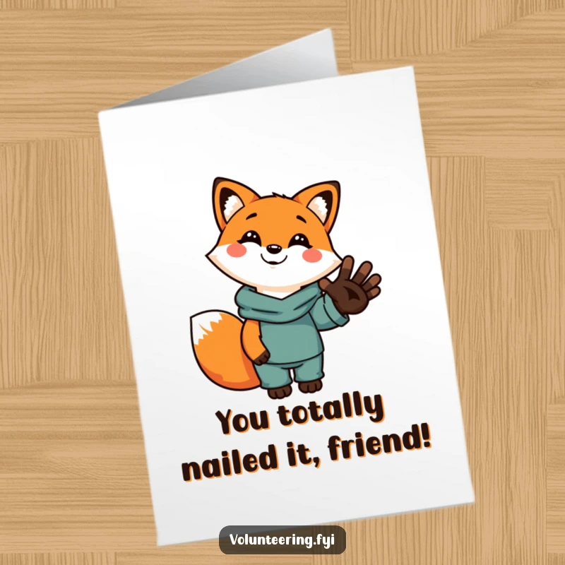 Funny Free Printable Congrats Card: Cartoon fox smiling, holding a human hand, symbolizing support and congratulations