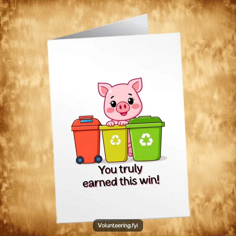 Funny free printable pink pig character happily sorting recycling bins, ideal for a congratulations card.