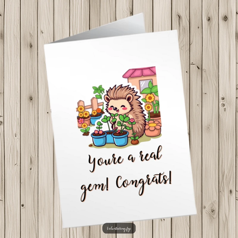 Funny Free Printable Congratulations Card: A sweet cartoon hedgehog is shown organizing a vibrant community garden, celebrating growth and success.
