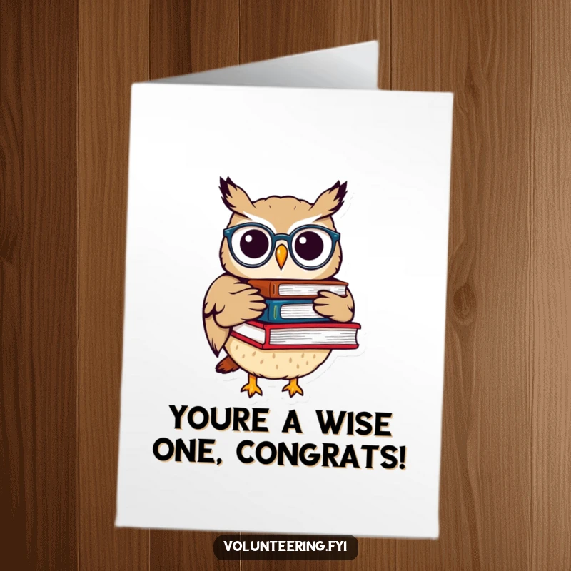 Funny Free Printable Congrats Card: Whimsical owl with spectacles carrying books, congratulating academic success